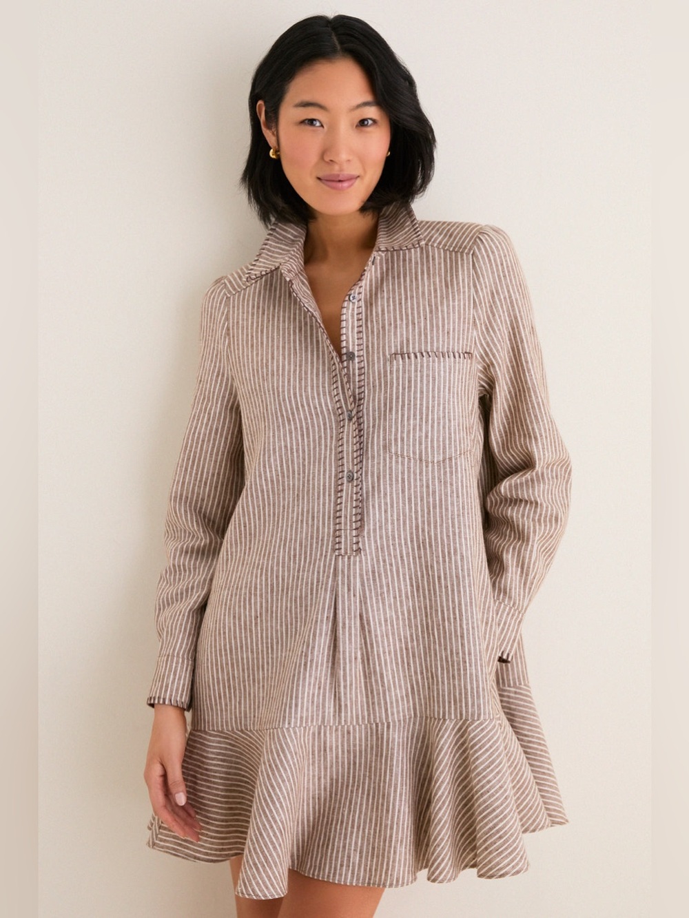 TUCKERNUCK • Cafe Stripe Whipstitch Callahan Shirt Dress medium brown white